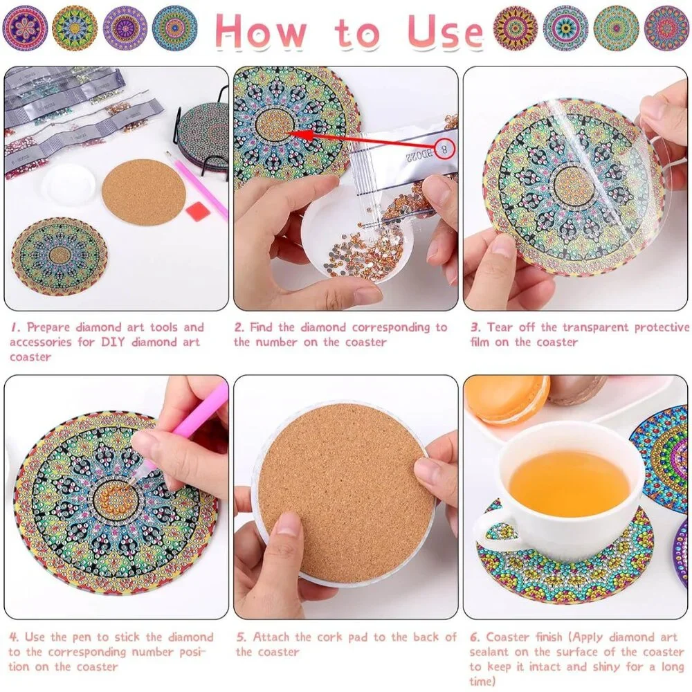 Diamond Painting Coasters Kit, 8 Pieces Mandala with Holder, DIY Art for Beginne